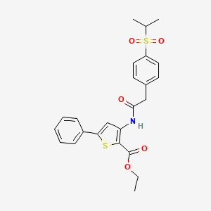molecular formula C24H25NO5S2 B2764952 Ethyl 3-(2-(4-(isopropylsulfonyl)phenyl)acetamido)-5-phenylthiophene-2-carboxylate CAS No. 955798-55-7
