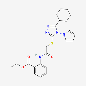 molecular formula C23H27N5O3S B2765107 ethyl 2-(2-{[5-cyclohexyl-4-(1H-pyrrol-1-yl)-4H-1,2,4-triazol-3-yl]sulfanyl}acetamido)benzoate CAS No. 887860-54-0