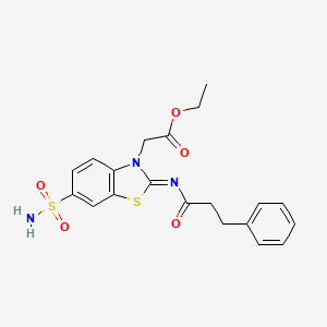 molecular formula C20H21N3O5S2 B2765212 ethyl 2-[(2Z)-2-[(3-phenylpropanoyl)imino]-6-sulfamoyl-2,3-dihydro-1,3-benzothiazol-3-yl]acetate CAS No. 865248-27-7