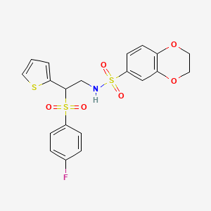 molecular formula C20H18FNO6S3 B2765403 N-[2-(4-fluorobenzenesulfonyl)-2-(thiophen-2-yl)ethyl]-2,3-dihydro-1,4-benzodioxine-6-sulfonamide CAS No. 896347-89-0