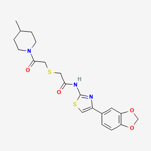 molecular formula C20H23N3O4S2 B2765465 N-(4-(苯并[d][1,3]二噁英-5-基)噻唑-2-基)-2-((2-(4-甲基哌啶-1-基)-2-氧代乙基)硫)乙酰胺 CAS No. 681224-98-6
