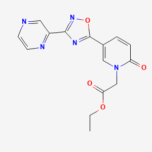 molecular formula C15H13N5O4 B2765590 ethyl 2-(2-oxo-5-(3-(pyrazin-2-yl)-1,2,4-oxadiazol-5-yl)pyridin-1(2H)-yl)acetate CAS No. 1396768-74-3