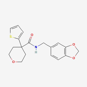 molecular formula C18H19NO4S B2765641 N-(1,3-benzodioxol-5-ylmethyl)-4-thiophen-2-yloxane-4-carboxamide CAS No. 877650-56-1