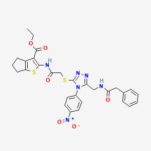 molecular formula C29H28N6O6S2 B2765669 ethyl 2-(2-((4-(4-nitrophenyl)-5-((2-phenylacetamido)methyl)-4H-1,2,4-triazol-3-yl)thio)acetamido)-5,6-dihydro-4H-cyclopenta[b]thiophene-3-carboxylate CAS No. 393804-33-6