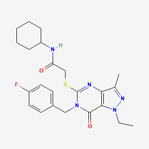 molecular formula C23H28FN5O2S B2765687 N-cyclohexyl-2-({1-ethyl-6-[(4-fluorophenyl)methyl]-3-methyl-7-oxo-1H,6H,7H-pyrazolo[4,3-d]pyrimidin-5-yl}sulfanyl)acetamide CAS No. 1359083-83-2