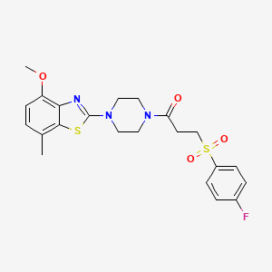 molecular formula C22H24FN3O4S2 B2765729 3-((4-Fluorophenyl)sulfonyl)-1-(4-(4-methoxy-7-methylbenzo[d]thiazol-2-yl)piperazin-1-yl)propan-1-one CAS No. 897487-57-9