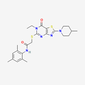 2-{[6-ethyl-2-(4-methylpiperidino)-7-oxo-6,7-dihydro[1,3]thiazolo[4,5-d]pyrimidin-5-yl]sulfanyl}-N~1~-mesitylacetamide