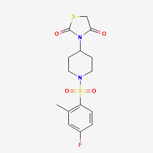 molecular formula C15H17FN2O4S2 B2765879 3-(1-((4-Fluoro-2-methylphenyl)sulfonyl)piperidin-4-yl)thiazolidine-2,4-dione CAS No. 1798671-89-2