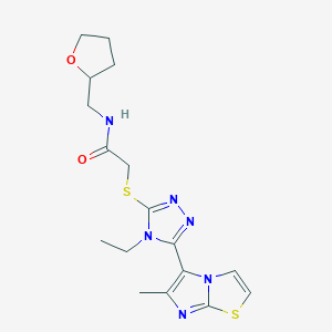 molecular formula C17H22N6O2S2 B2765929 2-((4-ethyl-5-(6-methylimidazo[2,1-b]thiazol-5-yl)-4H-1,2,4-triazol-3-yl)thio)-N-((tetrahydrofuran-2-yl)methyl)acetamide CAS No. 1105224-31-4