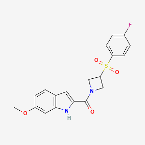 molecular formula C19H17FN2O4S B2766016 (3-((4-氟苯基)磺酰)氮杂环丁烷-1-基)(6-甲氧基-1H-吲哚-2-基)甲酮 CAS No. 1448030-94-1