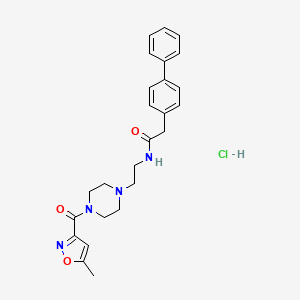 B2766018 2-([1,1'-biphenyl]-4-yl)-N-(2-(4-(5-methylisoxazole-3-carbonyl)piperazin-1-yl)ethyl)acetamide hydrochloride CAS No. 1351648-54-8
