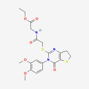 molecular formula C20H23N3O6S2 B2766020 Ethyl 2-(2-((3-(3,4-dimethoxyphenyl)-4-oxo-3,4,6,7-tetrahydrothieno[3,2-d]pyrimidin-2-yl)thio)acetamido)acetate CAS No. 877655-99-7