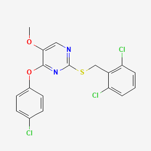 molecular formula C18H13Cl3N2O2S B2766031 4-(4-Chlorophenoxy)-2-[(2,6-dichlorobenzyl)sulfanyl]-5-methoxypyrimidine CAS No. 338955-86-5