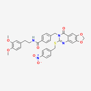 molecular formula C34H30N4O8S B2766048 N-[2-(3,4-dimethoxyphenyl)ethyl]-4-[(6-{[(4-nitrophenyl)methyl]sulfanyl}-8-oxo-2H,7H,8H-[1,3]dioxolo[4,5-g]quinazolin-7-yl)methyl]benzamide CAS No. 688062-24-0