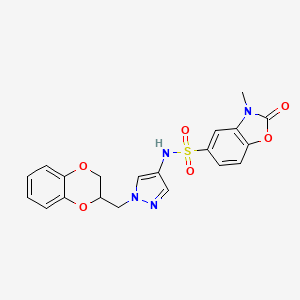 molecular formula C20H18N4O6S B2766180 N-{1-[(2,3-dihydro-1,4-benzodioxin-2-yl)methyl]-1H-pyrazol-4-yl}-3-methyl-2-oxo-2,3-dihydro-1,3-benzoxazole-5-sulfonamide CAS No. 1788557-94-7