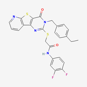 molecular formula C26H20F2N4O2S2 B2766224 N-(3,4-difluorophenyl)-2-[[5-[(4-ethylphenyl)methyl]-6-oxo-8-thia-3,5,10-triazatricyclo[7.4.0.02,7]trideca-1(9),2(7),3,10,12-pentaen-4-yl]sulfanyl]acetamide CAS No. 1223922-25-5