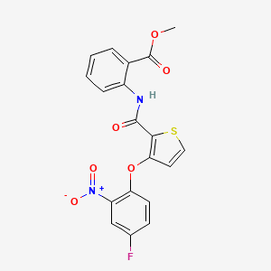 molecular formula C19H13FN2O6S B2766336 Methyl 2-({[3-(4-fluoro-2-nitrophenoxy)-2-thienyl]carbonyl}amino)benzenecarboxylate CAS No. 306977-55-9