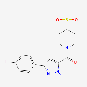 molecular formula C17H20FN3O3S B2766519 (3-(4-fluorophenyl)-1-methyl-1H-pyrazol-5-yl)(4-(methylsulfonyl)piperidin-1-yl)methanone CAS No. 1448043-83-1