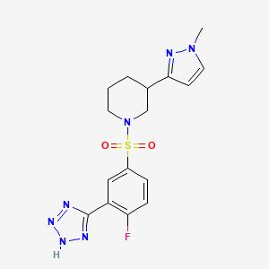 molecular formula C16H18FN7O2S B2766579 1-((4-fluoro-3-(1H-tetrazol-5-yl)phenyl)sulfonyl)-3-(1-methyl-1H-pyrazol-3-yl)piperidine CAS No. 2200625-46-1