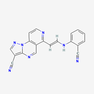 molecular formula C19H11N7 B2766897 6-[2-(2-Cyanoanilino)vinyl]pyrazolo[1,5-a]pyrido[3,4-e]pyrimidine-3-carbonitrile CAS No. 338411-77-1