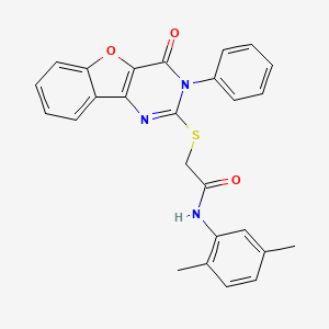 molecular formula C26H21N3O3S B2767103 N-(2,5-dimethylphenyl)-2-({6-oxo-5-phenyl-8-oxa-3,5-diazatricyclo[7.4.0.0^{2,7}]trideca-1(9),2(7),3,10,12-pentaen-4-yl}sulfanyl)acetamide CAS No. 866873-50-9