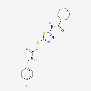 molecular formula C18H21FN4O2S2 B2767174 N-{5-[({[(4-fluorophenyl)methyl]carbamoyl}methyl)sulfanyl]-1,3,4-thiadiazol-2-yl}cyclohexanecarboxamide CAS No. 868972-92-3
