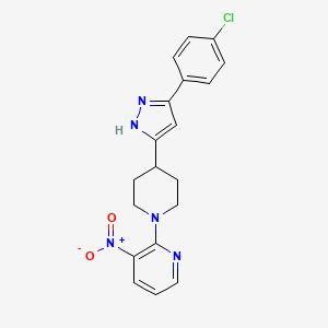 molecular formula C19H18ClN5O2 B2767237 4-[5-(4-chlorophenyl)-1H-pyrazol-3-yl]-1-(3-nitro-2-pyridinyl)piperidine CAS No. 1030856-25-7