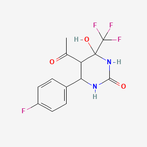 molecular formula C13H12F4N2O3 B2767240 5-acetyl-6-(4-fluorophenyl)-4-hydroxy-4-(trifluoromethyl)tetrahydropyrimidin-2(1H)-one CAS No. 1005036-80-5