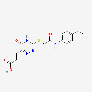 molecular formula C17H20N4O4S B2767721 3-{5-Hydroxy-3-[(2-oxo-2-{[4-(propan-2-yl)phenyl]amino}ethyl)sulfanyl]-1,2,4-triazin-6-yl}propanoic acid CAS No. 881434-38-4