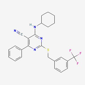 molecular formula C25H23F3N4S B2767726 4-(Cyclohexylamino)-6-phenyl-2-{[3-(trifluoromethyl)benzyl]sulfanyl}-5-pyrimidinecarbonitrile CAS No. 303985-68-4