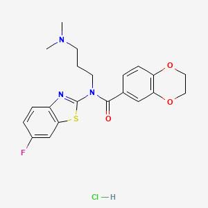 molecular formula C21H23ClFN3O3S B2767739 N-(3-(dimethylamino)propyl)-N-(6-fluorobenzo[d]thiazol-2-yl)-2,3-dihydrobenzo[b][1,4]dioxine-6-carboxamide hydrochloride CAS No. 1215377-70-0