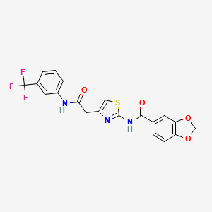 molecular formula C20H14F3N3O4S B2767789 N-(4-(2-oxo-2-((3-(trifluoromethyl)phenyl)amino)ethyl)thiazol-2-yl)benzo[d][1,3]dioxole-5-carboxamide CAS No. 941943-58-4