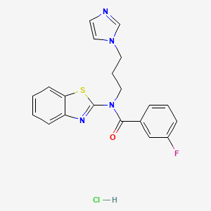 molecular formula C20H18ClFN4OS B2767798 N-(1,3-benzothiazol-2-yl)-3-fluoro-N-[3-(1H-imidazol-1-yl)propyl]benzamide hydrochloride CAS No. 1216971-10-6