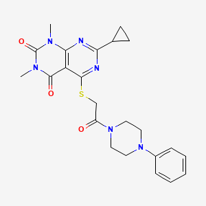 molecular formula C23H26N6O3S B2768019 7-cyclopropyl-1,3-dimethyl-5-{[2-oxo-2-(4-phenylpiperazin-1-yl)ethyl]sulfanyl}-1H,2H,3H,4H-[1,3]diazino[4,5-d]pyrimidine-2,4-dione CAS No. 863002-97-5