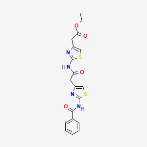 molecular formula C19H18N4O4S2 B2768042 Ethyl 2-(2-(2-(2-benzamidothiazol-4-yl)acetamido)thiazol-4-yl)acetate CAS No. 921790-17-2