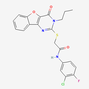 molecular formula C21H17ClFN3O3S B2768061 N-(3-chloro-4-fluorophenyl)-2-({6-oxo-5-propyl-8-oxa-3,5-diazatricyclo[7.4.0.0^{2,7}]trideca-1(9),2(7),3,10,12-pentaen-4-yl}sulfanyl)acetamide CAS No. 900003-98-7