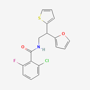 molecular formula C17H13ClFNO2S B2768124 2-chloro-6-fluoro-N-[2-(furan-2-yl)-2-(thiophen-2-yl)ethyl]benzamide CAS No. 2097873-46-4
