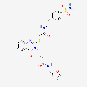 molecular formula C27H29N5O6S2 B2768260 N-[(furan-2-yl)methyl]-4-{4-oxo-2-[({[2-(4-sulfamoylphenyl)ethyl]carbamoyl}methyl)sulfanyl]-3,4-dihydroquinazolin-3-yl}butanamide CAS No. 451465-33-1