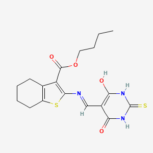 molecular formula C18H21N3O4S2 B2768527 butyl 2-(((4,6-dioxo-2-thioxotetrahydropyrimidin-5(2H)-ylidene)methyl)amino)-4,5,6,7-tetrahydrobenzo[b]thiophene-3-carboxylate CAS No. 1021263-05-7