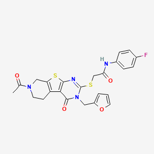 molecular formula C24H21FN4O4S2 B2768735 2-[[11-acetyl-4-(furan-2-ylmethyl)-3-oxo-8-thia-4,6,11-triazatricyclo[7.4.0.02,7]trideca-1(9),2(7),5-trien-5-yl]sulfanyl]-N-(4-fluorophenyl)acetamide CAS No. 1217036-58-2