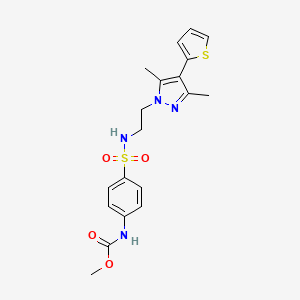 molecular formula C19H22N4O4S2 B2768780 methyl (4-(N-(2-(3,5-dimethyl-4-(thiophen-2-yl)-1H-pyrazol-1-yl)ethyl)sulfamoyl)phenyl)carbamate CAS No. 2034555-40-1
