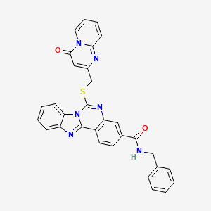 molecular formula C31H22N6O2S B2768807 N-benzyl-9-[({4-oxo-4H-pyrido[1,2-a]pyrimidin-2-yl}methyl)sulfanyl]-8,10,17-triazatetracyclo[8.7.0.0^{2,7}.0^{11,16}]heptadeca-1(17),2,4,6,8,11(16),12,14-octaene-5-carboxamide CAS No. 443670-71-1