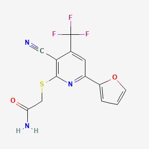 molecular formula C13H8F3N3O2S B2768959 2-{[3-Cyano-6-(furan-2-yl)-4-(trifluoromethyl)pyridin-2-yl]sulfanyl}acetamide CAS No. 941252-89-7
