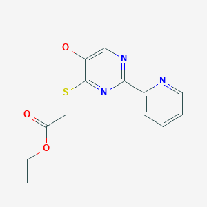 molecular formula C14H15N3O3S B2768960 Ethyl 2-((5-methoxy-2-(2-pyridinyl)-4-pyrimidinyl)sulfanyl)acetate CAS No. 338771-59-8