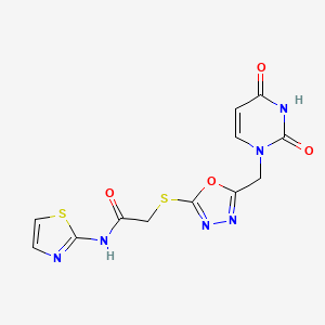 molecular formula C12H10N6O4S2 B2768973 2-((5-((2,4-dioxo-3,4-dihydropyrimidin-1(2H)-yl)methyl)-1,3,4-oxadiazol-2-yl)thio)-N-(thiazol-2-yl)acetamide CAS No. 1091462-82-6