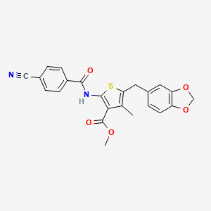 molecular formula C23H18N2O5S B2769015 methyl 5-[(2H-1,3-benzodioxol-5-yl)methyl]-2-(4-cyanobenzamido)-4-methylthiophene-3-carboxylate CAS No. 476366-56-0