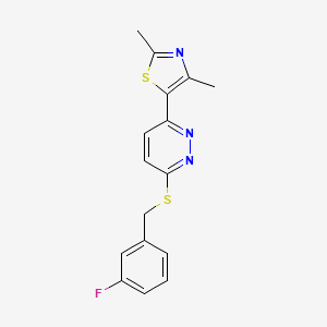 molecular formula C16H14FN3S2 B2769080 5-(6-((3-Fluorobenzyl)thio)pyridazin-3-yl)-2,4-dimethylthiazole CAS No. 897758-58-6