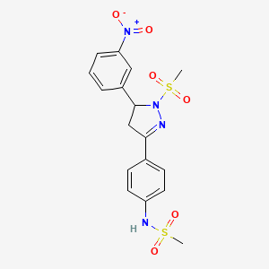 molecular formula C17H18N4O6S2 B2769188 N-{4-[1-methanesulfonyl-5-(3-nitrophenyl)-4,5-dihydro-1H-pyrazol-3-yl]phenyl}methanesulfonamide CAS No. 851781-01-6