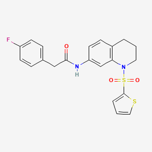 molecular formula C21H19FN2O3S2 B2769235 2-(4-fluorophenyl)-N-(1-(thiophen-2-ylsulfonyl)-1,2,3,4-tetrahydroquinolin-7-yl)acetamide CAS No. 898413-76-8