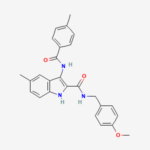 molecular formula C26H25N3O3 B2769246 N-[(4-methoxyphenyl)methyl]-5-methyl-3-(4-methylbenzamido)-1H-indole-2-carboxamide CAS No. 1030126-29-4